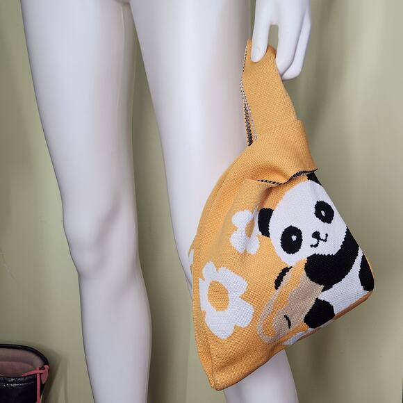 Lot Of 2 Panda Knitted Tote Hand Mini Bag Yellow Kawaii Travel Casual Whimsical - Picture 3 of 9
